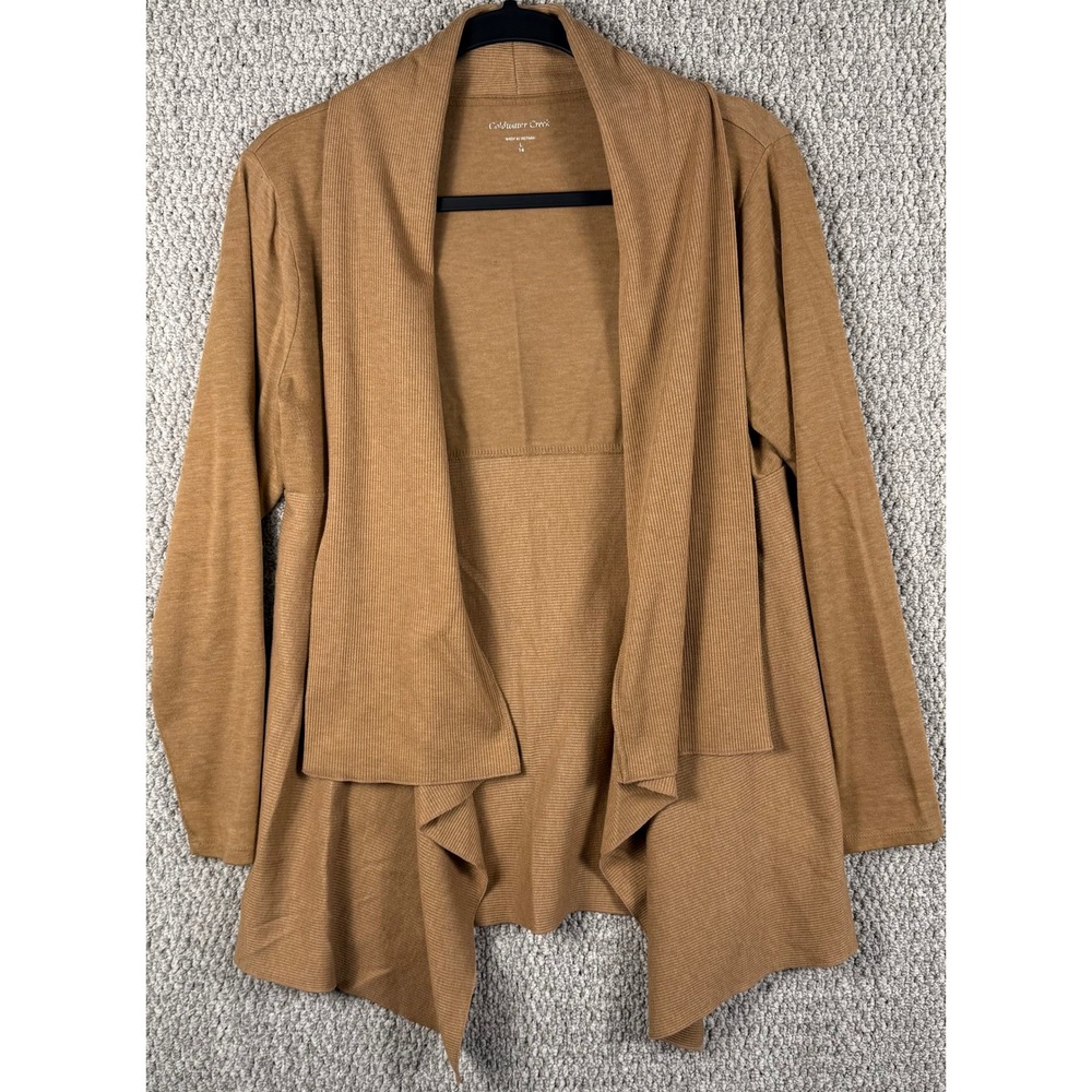 Coldwater Creek Cardigan Sweater L 14 Brown Ribbed Waterfall Open Front Draped